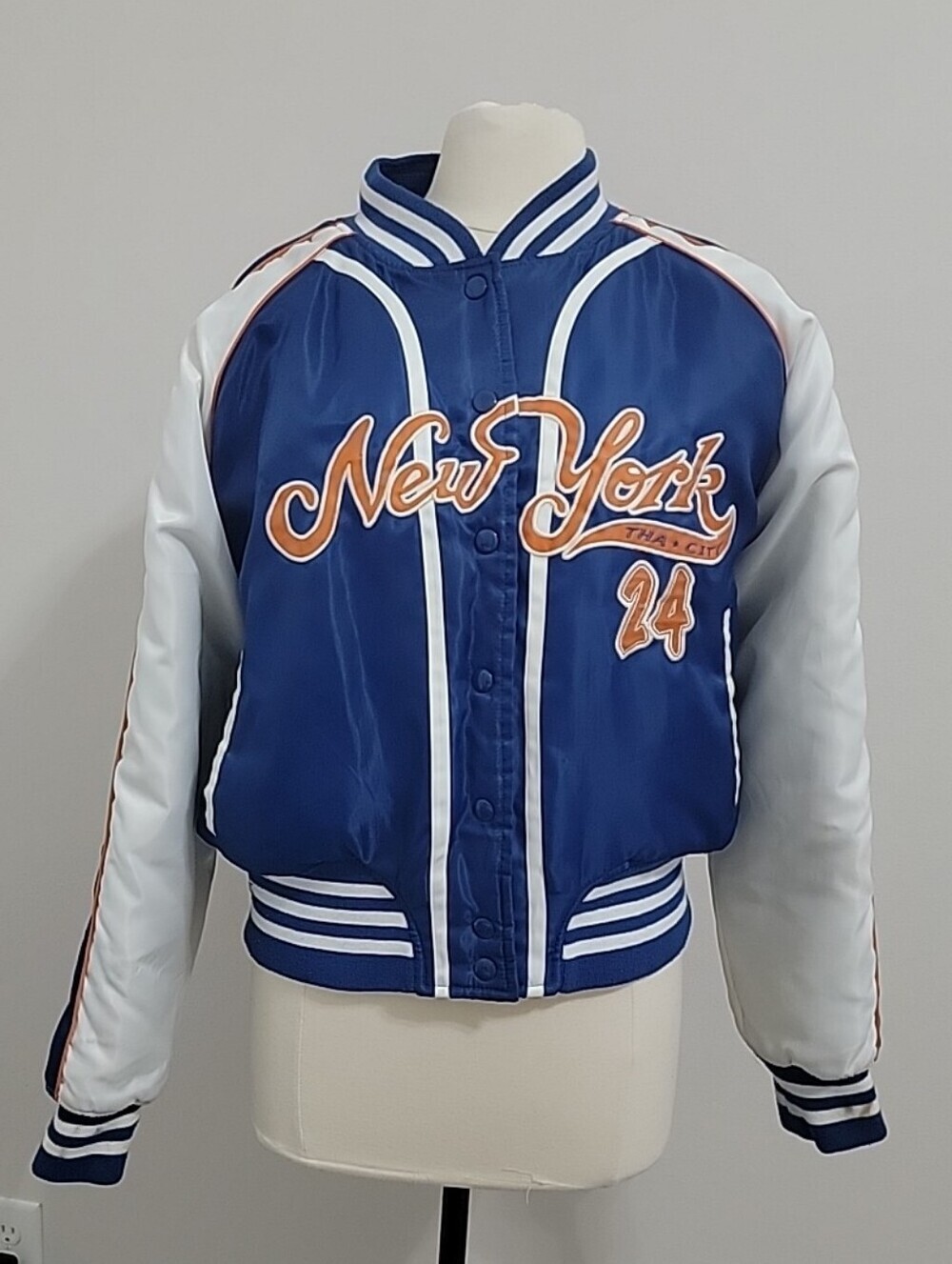 Vintage Women's Raw Blue bomber jacket featuring a New York THA City 24 XL